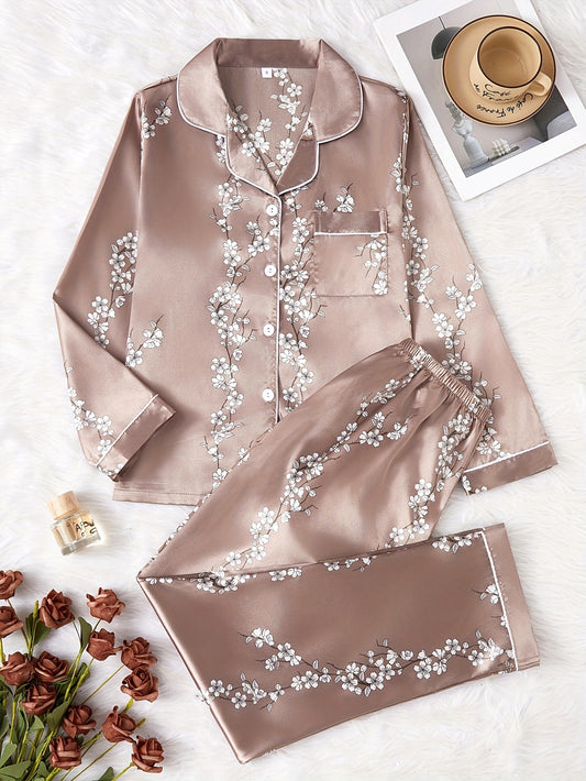 Կանացի վինտաժային էլեգանտ ծաղկային նախշերով ատլասե գիշերազգեստի հավաքածու, երկար թևքերով վերնաշապիկ և տաբատ, պոլիեսթեր 97% էլաստան 3%, օձիքի օձիք, գործված, 90 գ/մ², աշուն/ձմեռ քնի հագուստ