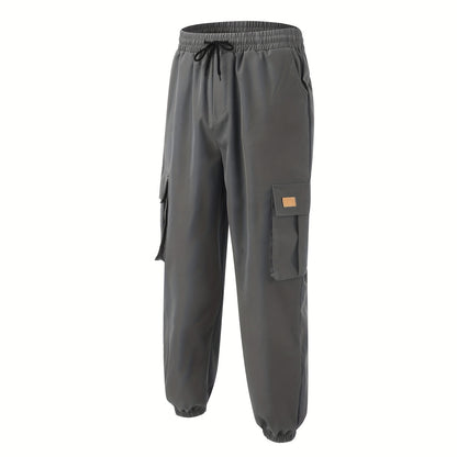 Men'S Fashion Cargo Pants, 100% Polyester Woven Fabric, All-Season Loose Fit with Drawstring Waist, Multi-Pocket Design, Solid Color, Mid Waist, Regular Length, Non-Stretch, Casual Joggers for Weekend - 160g/m²