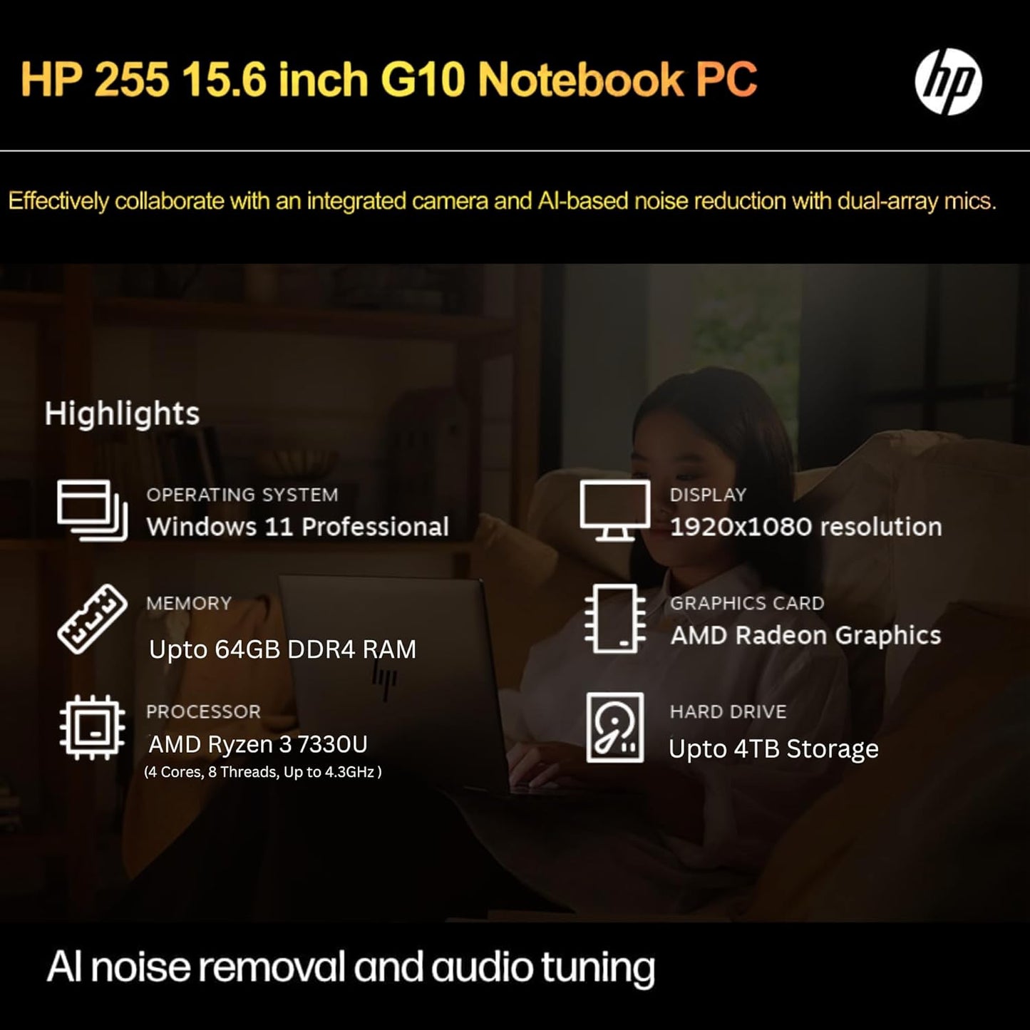 HP 255 G10 Laptop for Home or Work, 16GB RAM, 1TB SSD, 15.6" Full HD, Ryzen 3 7330U (Beat Intel I5-1135G7), HDMI, USB-C, Windows 11 Pro, Business and Fun Ready