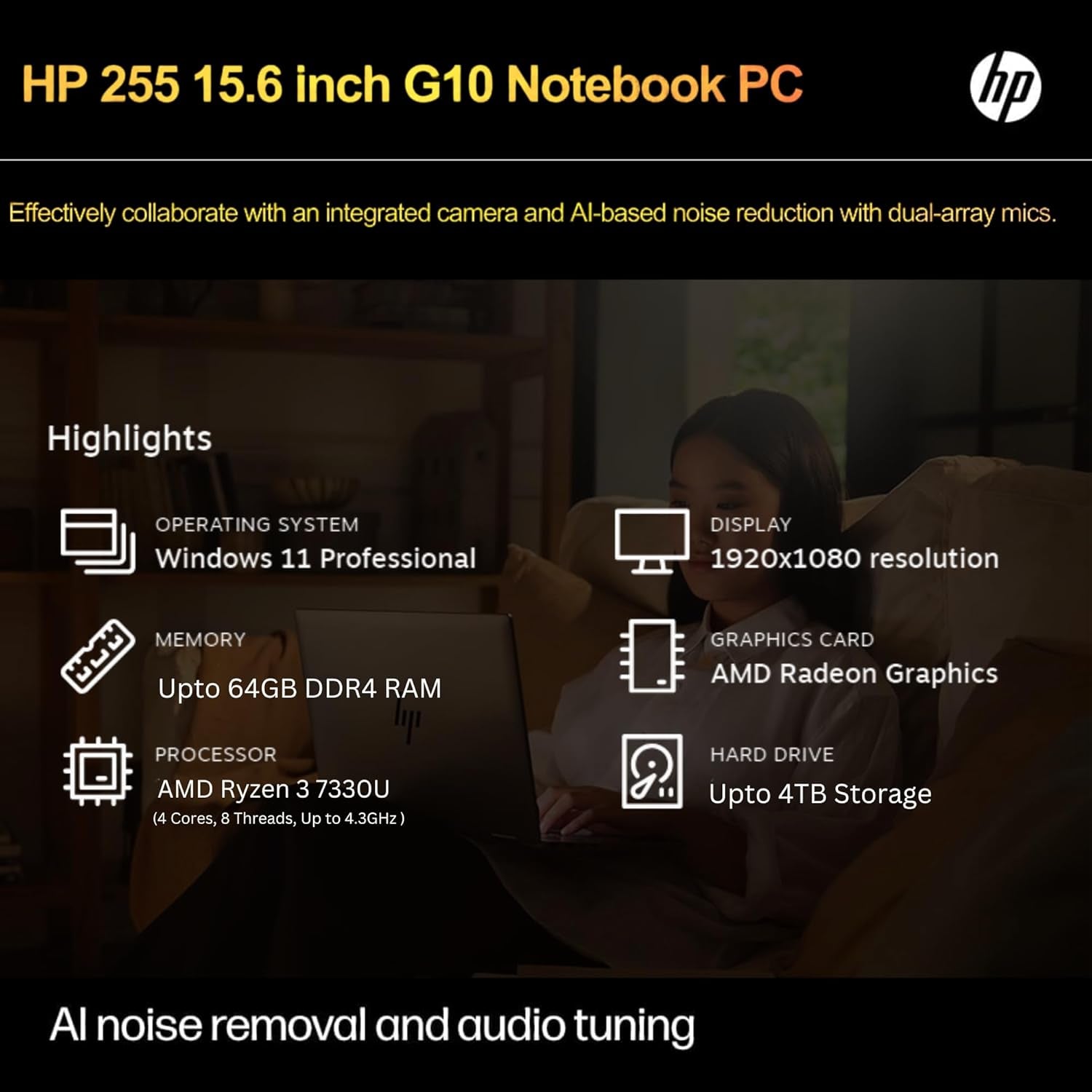 HP 255 G10 Laptop for Home or Work, 16GB RAM, 1TB SSD, 15.6" Full HD, Ryzen 3 7330U (Beat Intel I5-1135G7), HDMI, USB-C, Windows 11 Pro, Business and Fun Ready