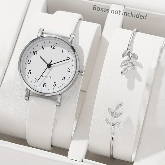 2pcs/set Women's Casual Round Pointer Quartz Watch Analog PU Leather Wrist Watch & Leaf Bangle, Gift For GirlsHer - Ayq