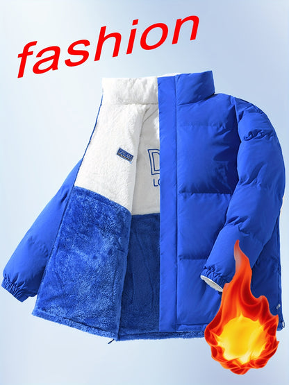 Men'S Double-Sided Fleece-Lined Thickened Jacket - Casual Stand Collar with Letter Print, Regular Fit, Pockets, Polyester Fill, Versatile for Fall/Winter, Winter Jacket