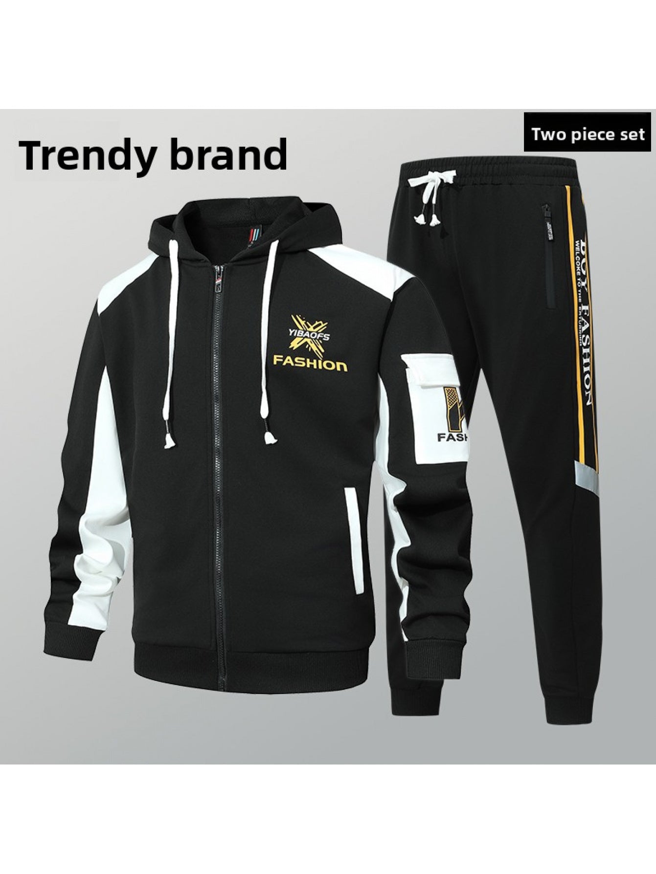 2pcs Men'S Sporty Hoodie Set with Drawstring Hooded Jacket and Cuffed Pants - Black & White Casual Streetwear, All-Season Comfort, Trendy Brand Design, Comfortable Clothing | Trendy Casual Wear | Zippered Hoodie, Sweater Hood