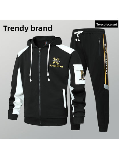 2pcs Men'S Sporty Hoodie Set with Drawstring Hooded Jacket and Cuffed Pants - Black & White Casual Streetwear, All-Season Comfort, Trendy Brand Design, Comfortable Clothing | Trendy Casual Wear | Zippered Hoodie, Sweater Hood