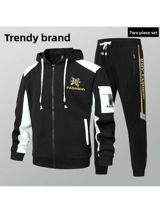 2pcs Men'S Sporty Hoodie Set with Drawstring Hooded Jacket and Cuffed Pants - Black & White Casual Streetwear, All-Season Comfort, Trendy Brand Design, Comfortable Clothing | Trendy Casual Wear | Zippered Hoodie, Sweater Hood
