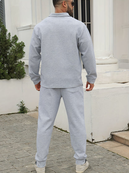 Տղամարդու առօրյա սպորտային հագուստի հավաքածու - Երկար թևքերով, կոճակներով վերնաշապիկ և ջոգեր, ձգվող գործվածքից, գարուն/աշուն հավաքածու