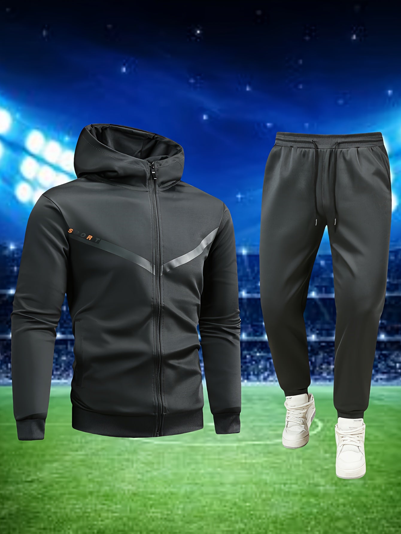 Տղամարդկանց առօրյա սպորտային հագուստի հավաքածու. Բարձրորակ գլխարկով սվիտեր և մարզաշապիկ վազքի, ֆիթնեսի և տնային հագուստի համար - Գարուն/աշուն երկկտոր հագուստ