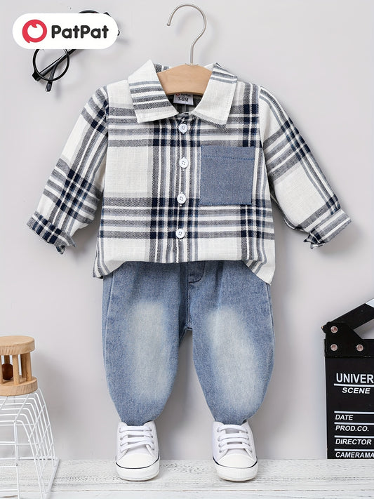 PatPat 2pcs Baby Boy Casual Patch Pocket Plaid Long-sleeve Lapel Collar Shirt and Jeans/Denim Pants Set For Spring & Autumn/Fall - Ayq