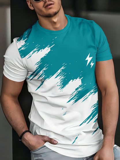 Men's Casual Short Sleeve T-Shirt with 3D Lightning Print, Dual-Tone Design, Round Neck - Polyester Blend, Machine Washable, Ideal for Summer Outdoor Activities, Summer Casual Wear|Round Neck Top|Smooth Fabric