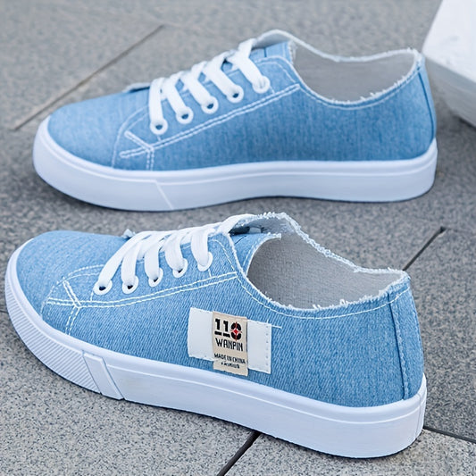 1 Pair of Light Blue Sneakers for Women - Breathable Low-Top Casual Shoes with White Rubber Sole, Round Toe, and Stylish Design, Perfect for Casual Attire