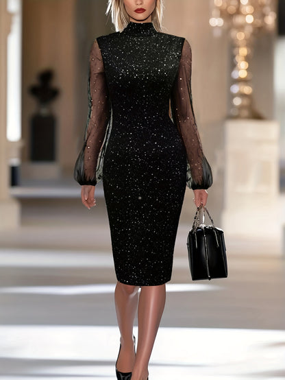 Women' Elegant Shimmering Party Dress with Sheer elbow Sleeves - Form-Fitting Partywear Dress for Night Out, Prom, Wedding Guest - Hand Washable Round Neck Dress (No dry) - Spring/Autumn & Year-Round Wear - Moderate Elasticit