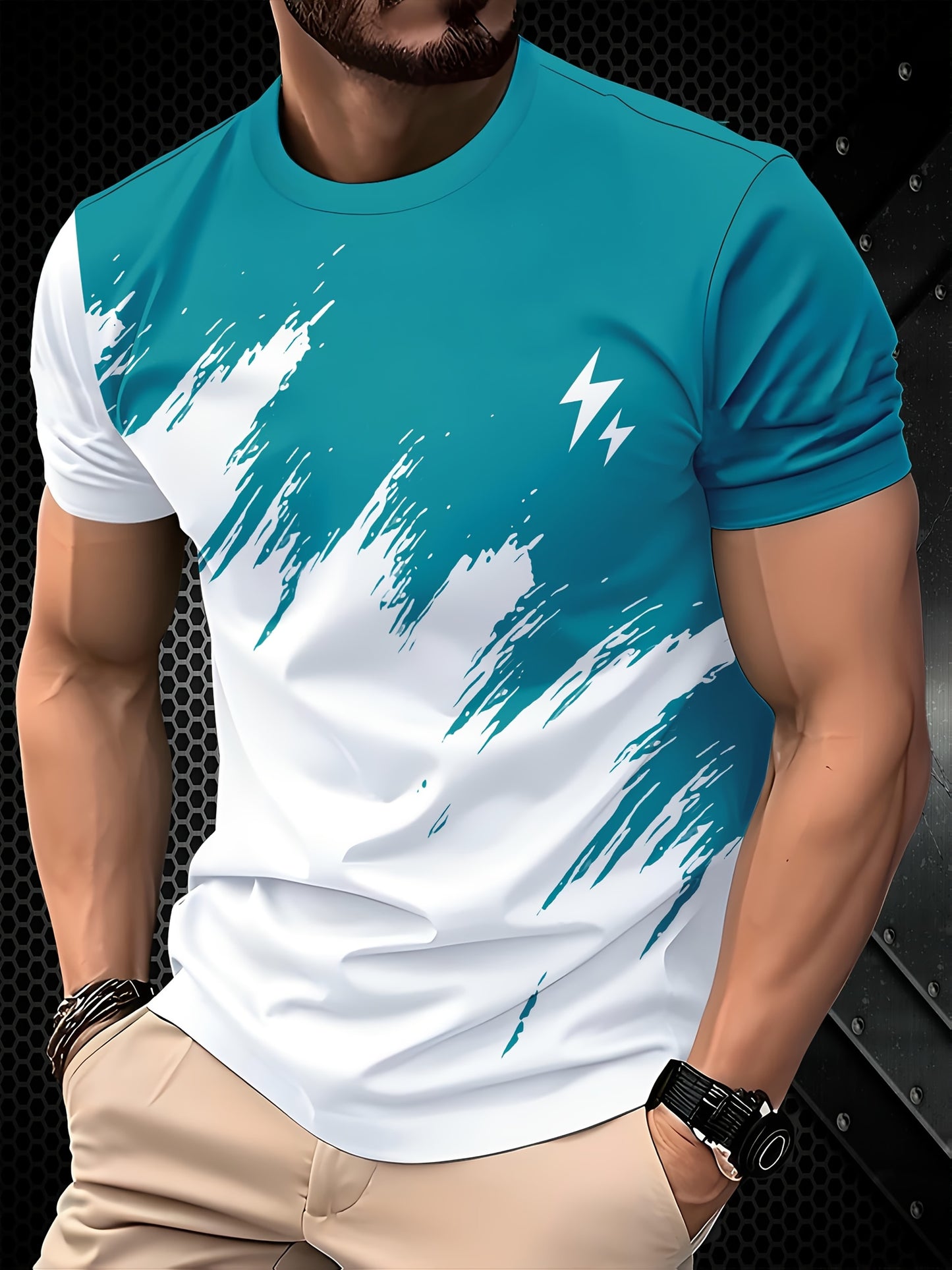 Men's Casual Short Sleeve T-Shirt with 3D Lightning Print, Dual-Tone Design, Round Neck - Polyester Blend, Machine Washable, Ideal for Summer Outdoor Activities, Summer Casual Wear|Round Neck Top|Smooth Fabric