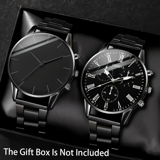 2pcs set, Men's fashionable quartz watch combination package, round dial display, stainless steel strap, zinc alloy case & hands, stylish casual simple business style, especially suitable as Father's Day, Valentine's Day, Ram