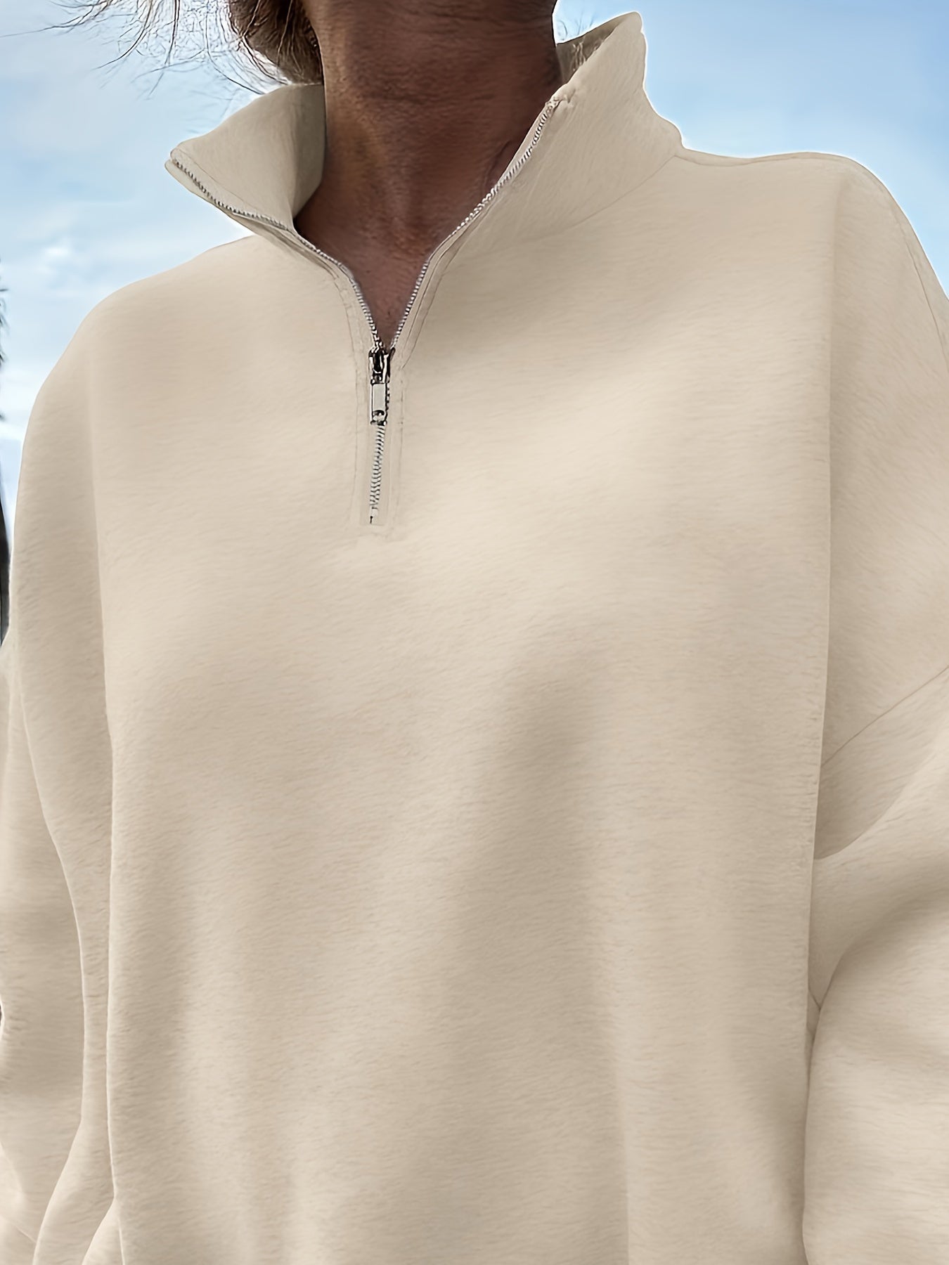 Women's Casual Heather Gray Half-Zip Sweatshirt - Soft Polyester & Elastane Blend, Long Sleeve, Stand Collar, Machine Washable - Perfect for Spring/Fall - ayq