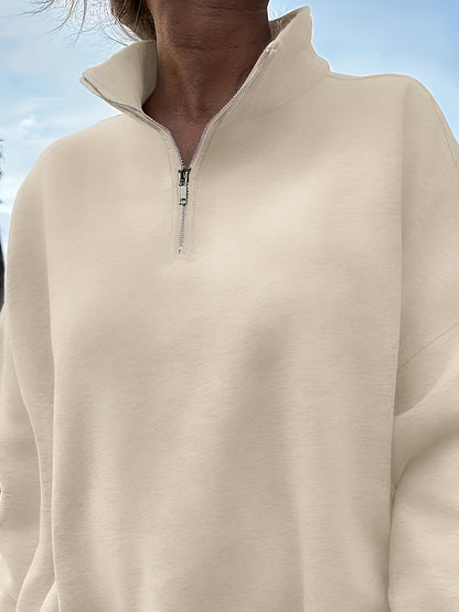 Women's Casual Heather Gray Half-Zip Sweatshirt - Soft Polyester & Elastane Blend, Long Sleeve, Stand Collar, Machine Washable - Perfect for Spring/Fall - ayq