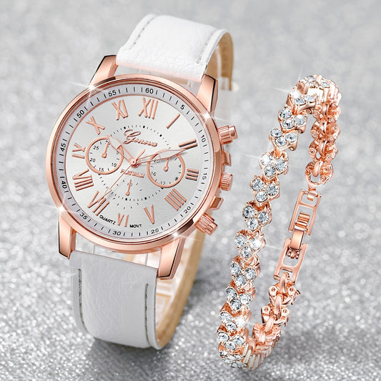 2pcs/set Women's Fashionable White Quartz Watch with Roman Numerals Dial and Matching Bracelet, Round Alloy Case, PU Leather Band, Non-Rechargeable Button Battery - Watch Box Not Included, Women's Fashion Accessory | Roman Nu - Ayq