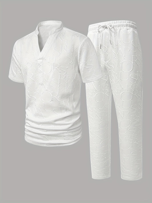 Henley տղամարդու վերնաշապիկի հավաքածու՝ ազատ, V-ձև, օձիքով և լարով, ոտքով կանգնած տաբատով