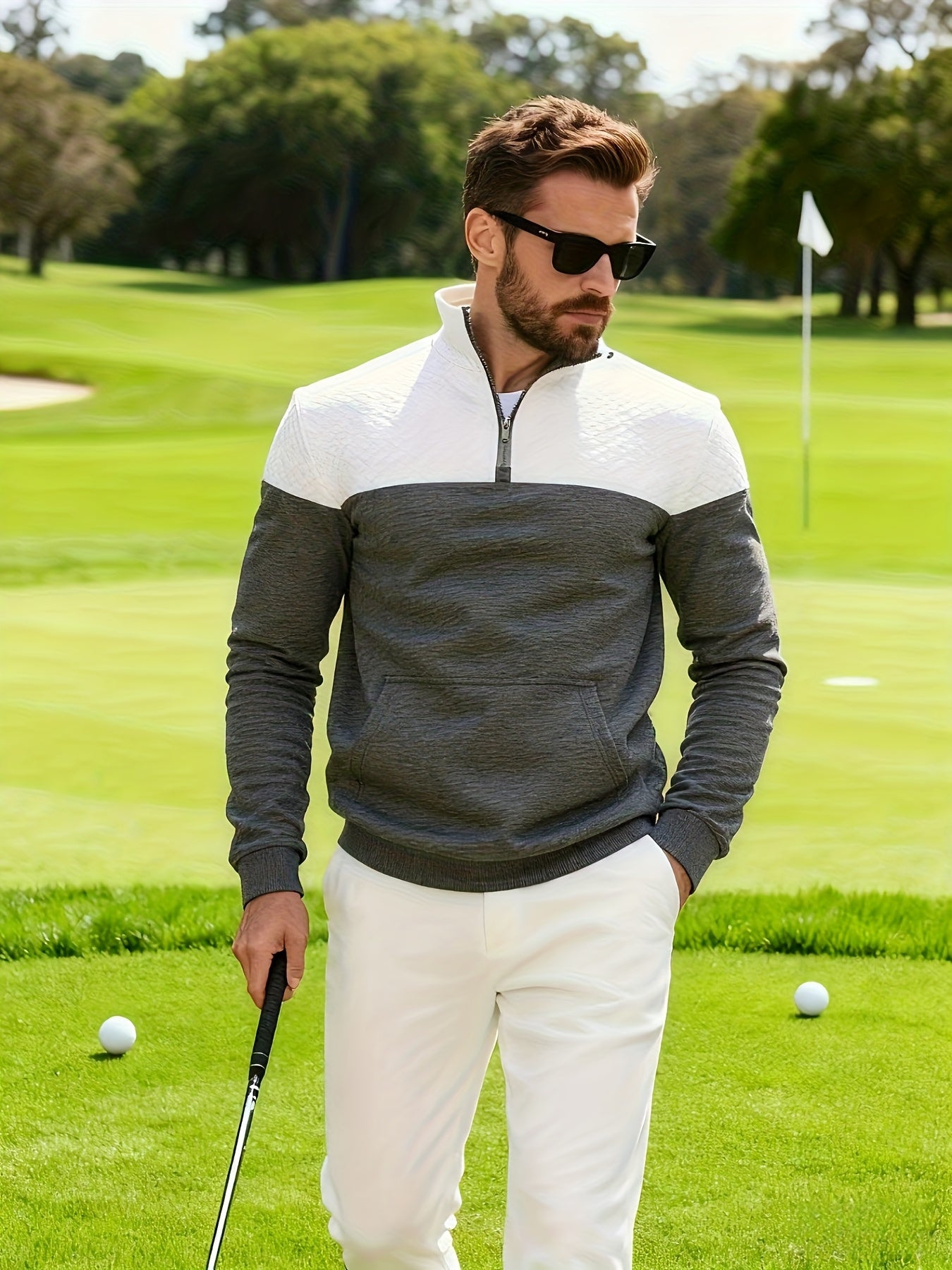 Տղամարդու աշնանային և ձմեռային կիսաճտքավոր սպորտային սվիտեր՝ հարմար մարզումների, վազքի և ֆիթնեսի համար, ոճային և հարմարավետ դիզայնով, փոքր վանդակավոր կանգնած օձիքով և հասանելի է մեծ չափսերով։