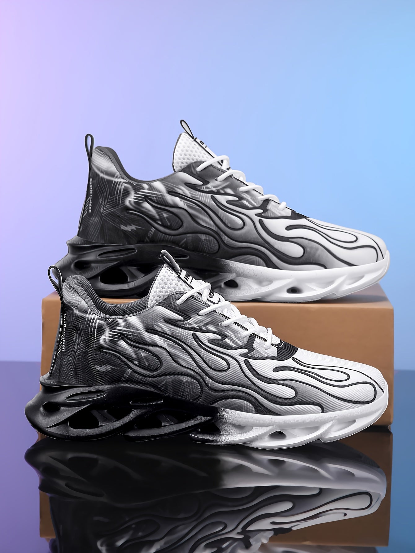 Նորաձև սև-սպիտակ գրադիենտային սպորտային կոշիկներ՝ շնչող ցանցով, հաստ ներբանով՝ հասակը մեծացնելու համար, նորաձև սպորտային, առօրյա վազքի կոշիկներ՝ բոցավառ դիզայնով, իդեալական ուսանողների համար՝ առօրյա հագուստով, բարձրակրունկ սպորտային կոշիկներ