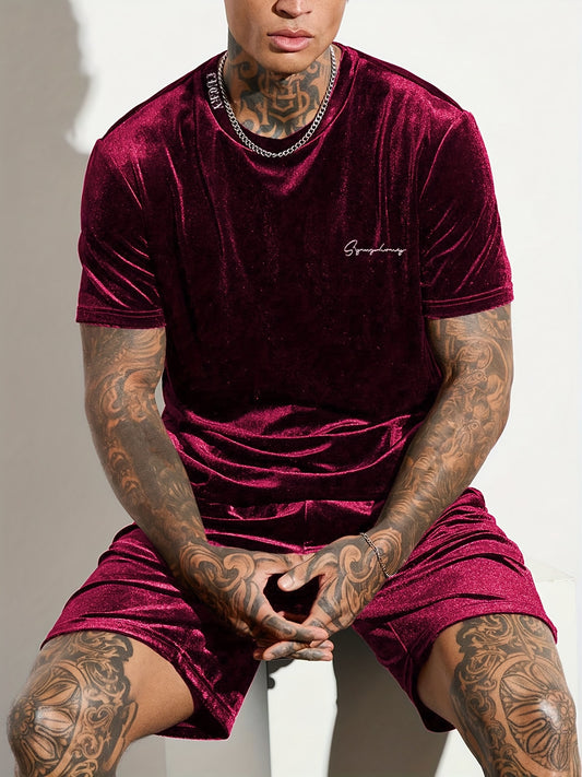 Men'S Fashion Velvet Knit Pullover Set, Contrast Letter Embroidery Top and Solid Color Drawstring Shorts, Simple Casual Outing Commuting Vacation Light Luxury Set, Regular Fit Elastic Knit Two-Piece Set, High-end Sheen Light