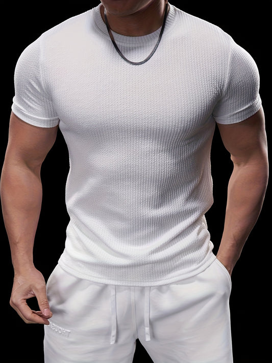 Տղամարդու նեղ, ձգվող, կարճ թևքերով, սև, միագույն, ամառային, սպորտային մարզաշապիկ՝ ամենօրյա հագուստի համար