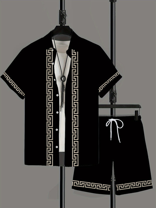 Տղամարդու առօրյա ամառային վերնաշապիկի հավաքածու, էլեգանտ սև արծաթափայլ եզրերով նախշերով 3D տպագրությամբ, ազատ կարճ թևքով վերնաշապիկ և լարով շորտեր 2 հատ