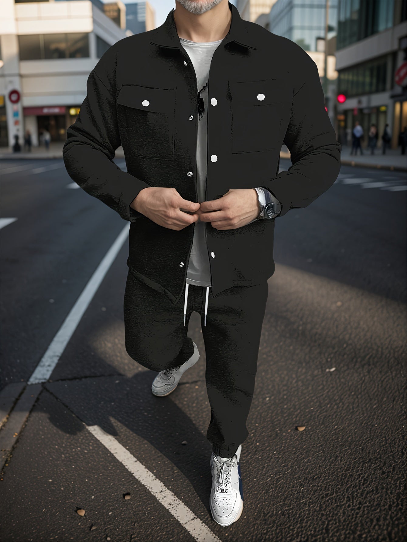 Տղամարդու 1 հավաքածու՝ միագույն պոլիեսթերից պատրաստված առօրյա հագուստ՝ երկար թևքերով, կոճակներով և օձիքով բաճկոնով, գրպաններով և լարով երկար տաբատի հավաքածու՝ աշուն/ձմեռ