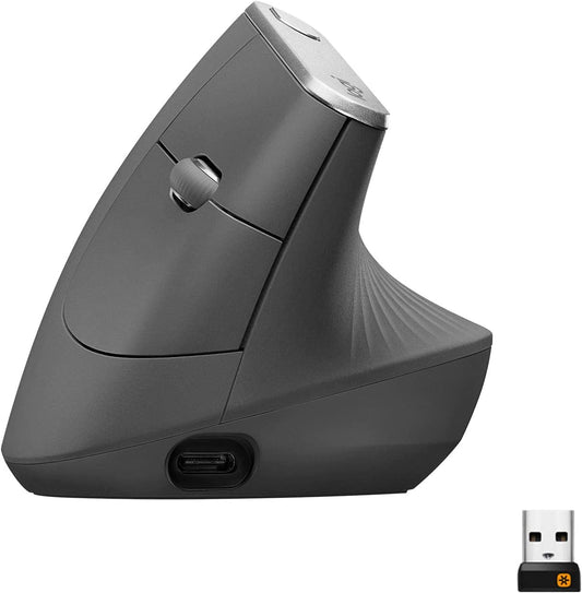Logitech MX Vertical Wireless Mouse – Ergonomic Design Reduces Muscle Strain, Move Content between 3 Windows and Apple Computers, Rechargeable, Graphite