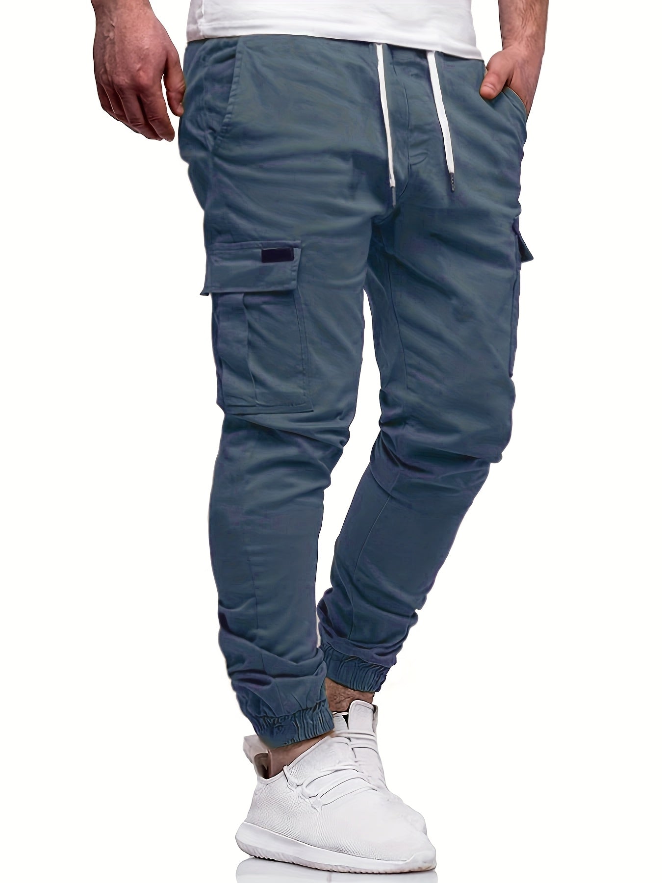 Men's Fashion, Regular Fit And Cuffed Solid Cargo Pants With Flap Pockets, Chic And Trendy Solid Drawstring Leisure Trousers For Daily Outerwear - ayq