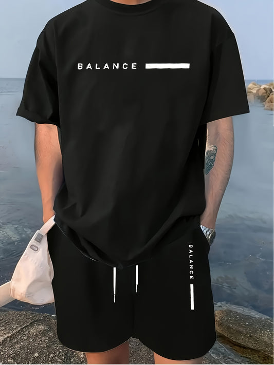 [2pcs Print Men'S Casual Sweatsuits] 2pcs Men'S Casual Sweatsuits, Polyester Crew Neck T-Shirt and Shorts Set, Comfortable Knit Fabric with Slight Stretch, with Print Design, for Summer Outfit Sets - ayq