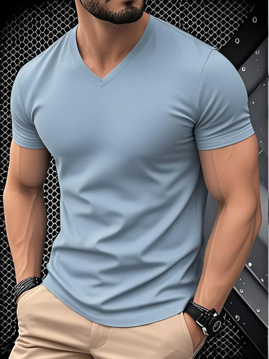 1 հատ տղամարդու բաց կապույտ միագույն, V-ձև, ամենօրյա մարզաշապիկ՝ շնչող, կանոնավոր չափսի, կարճ թևքերով, գարնանային, ամառվա, մարզասրահի, գրասենյակի ամենօրյա հագուստի համար