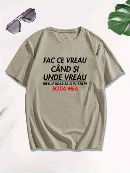 Տղամարդու կարճ թևքով ռումինական «Qitate» գրությամբ շապիկ - «Face Ce Vreau Cand Si Under Breath» տպագրությամբ, թեթև պոլիեսթերային, ամառային ամենօրյա վերնաշապիկ, կլոր վզնոցով, լվացվող մեքենայով, լվացվող մարզաշապիկ՝ թավ տեքստով, թեթև նյութով։