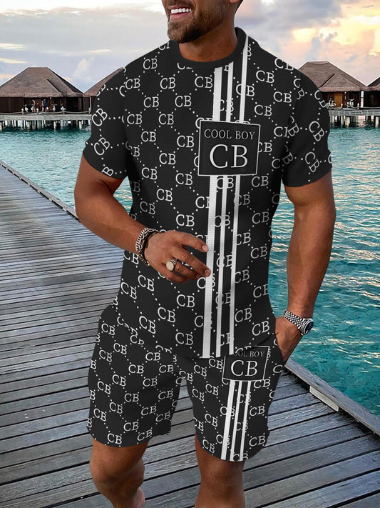 Առօրյա սպորտային կոստյում, շնչող, բացօթյա, առօրյա, տղամարդու մարզաշապիկ և հինգ տաբատ, ամառային 3D տպագրության հավաքածու մեծահասակ տղամարդկանց համար