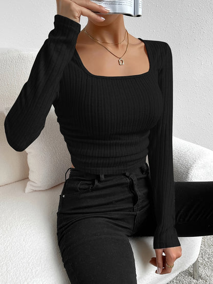 Solid Color Ribbed Long Sleeve T-shirt, Elegant Square Neck Top For Spring & Fall, Women's Clothing - ayq