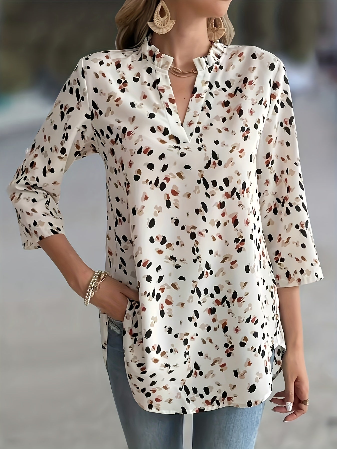 Էլեգանտ V-Neck բլուզ, կանացի պոլիեսթեր, 100% ազատ պրինտով վերնաշապիկ, գլորված թեւերով գարուն/ամառ/աշուն. Մերձավորարևելյան ոճի հյուսված թեթև վերնաշապիկ