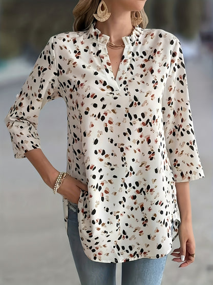 Էլեգանտ V-Neck բլուզ, կանացի պոլիեսթեր, 100% ազատ պրինտով վերնաշապիկ, գլորված թեւերով գարուն/ամառ/աշուն. Մերձավորարևելյան ոճի հյուսված թեթև վերնաշապիկ