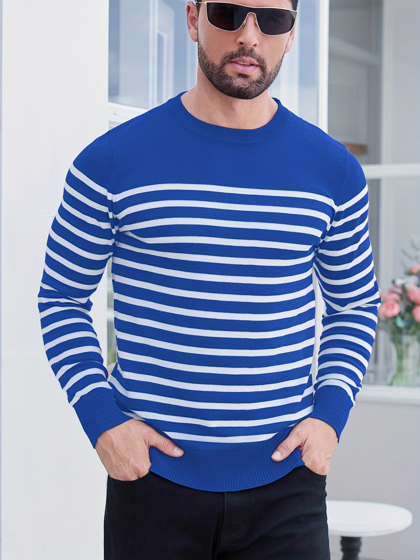 Գարնանային և աշնանային ամենօրյա երկգույն գծավոր տղամարդու սվիտեր-պուլովեր՝ գունավոր բլոկներով, կլոր վզնոցով, տղամարդու տրիկոտաժե վերնաշապիկ