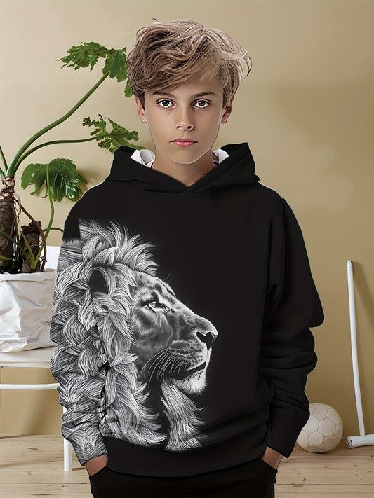 Boys' 3D Lion Print Hoodie - Comfy Polyester Blend, Casual Long Sleeve Pullover with Hood, Machine Washable, Perfect for Spring & Fall, Essential Hoodie - ayq