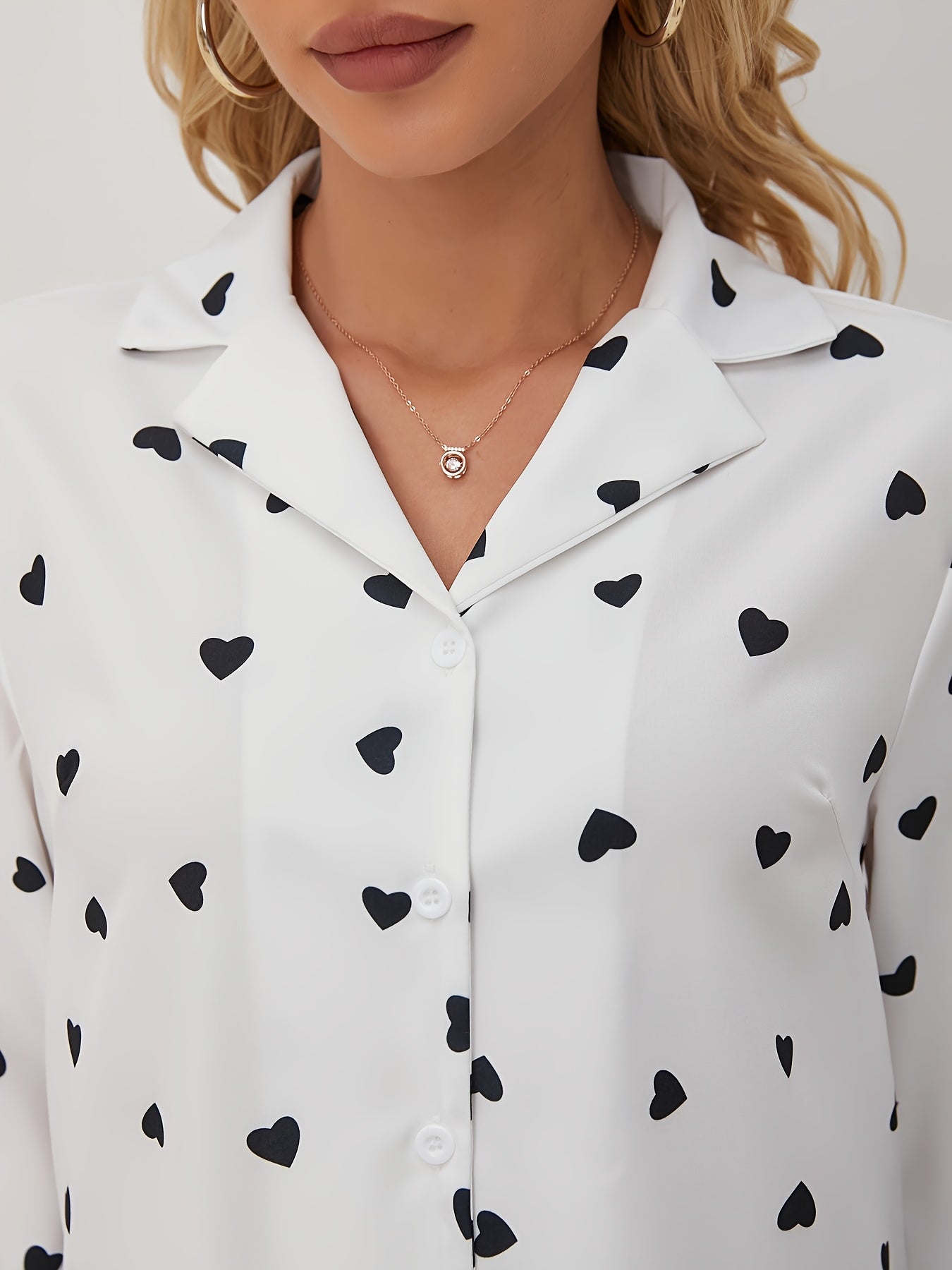 Elegant Women's Heart Pattern Long Sleeve Button-Up Shirt - Semi-Sheer, Polyester, Machine Washable - Perfect for Spring/Fall - ayq
