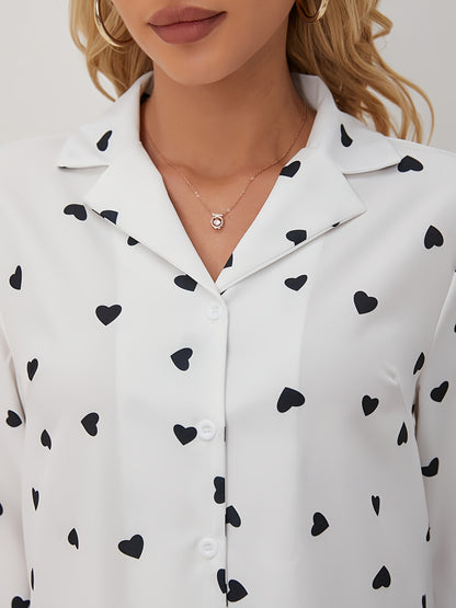 Elegant Women's Heart Pattern Long Sleeve Button-Up Shirt - Semi-Sheer, Polyester, Machine Washable - Perfect for Spring/Fall - ayq