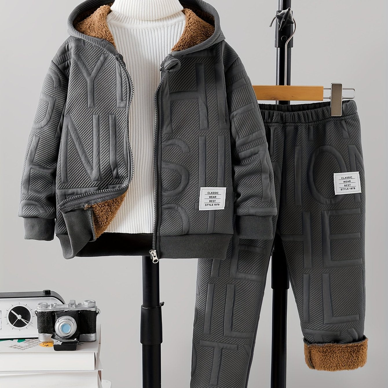 DONABEBE ' 2pcs Winter Jacket & Pants Set - Full-Zip Hooded Coat with Fleece, Matching Letter Logo Pants, Warm Casual Outfit for Cold Weather, Cozy 2pcs Clothes (Hand Washable), Perfect for Outdoor