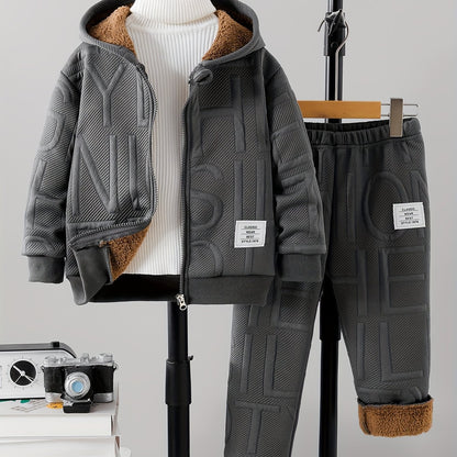 DONABEBE ' 2pcs Winter Jacket & Pants Set - Full-Zip Hooded Coat with Fleece, Matching Letter Logo Pants, Warm Casual Outfit for Cold Weather, Cozy 2pcs Clothes (Hand Washable), Perfect for Outdoor