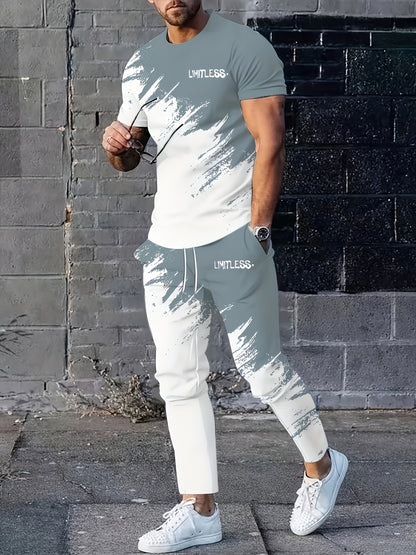 Տղամարդկանց նորաձևության գրադիենտային նախշերով, կլոր վզնոցով, կարճ թևքով մարզաշապիկ և տաբատ, երկու մասից բաղկացած հավաքածու՝ բացօթյա սպորտի համար