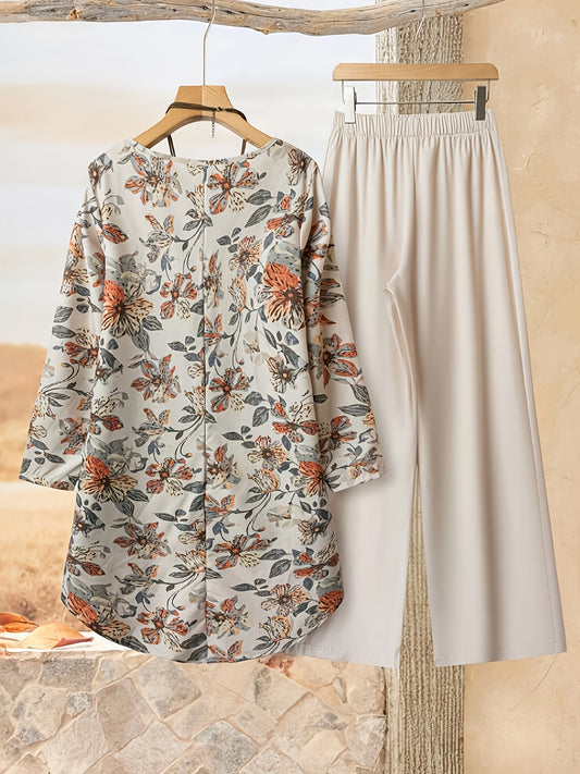 Կանացի ամենօրյա, կլոր վզնոցով, տպագիր երկար թևքերով վերնաշապիկ և միագույն տաբատ՝ երկու մասից բաղկացած հավաքածու