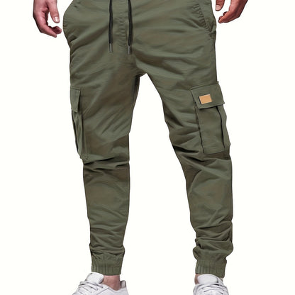 Men'S Fashion Cargo Pants, 100% Polyester Woven Fabric, All-Season Loose Fit with Drawstring Waist, Multi-Pocket Design, Solid Color, Mid Waist, Regular Length, Non-Stretch, Casual Joggers for Weekend - 160g/m²