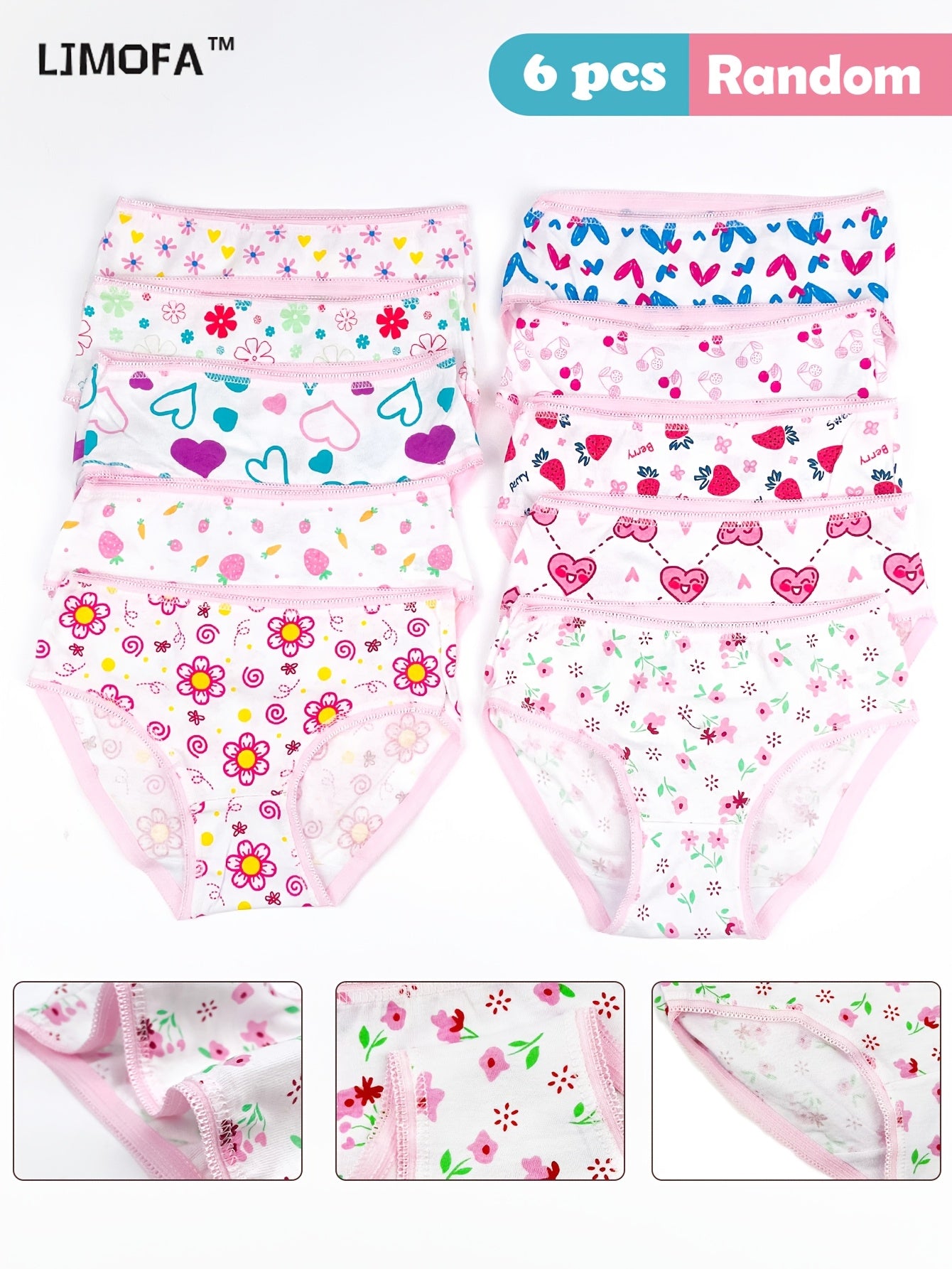 6pcs Girls' Cotton Panties, Love & Floral Pattern Soft Breathable Lace Triangle Underwear