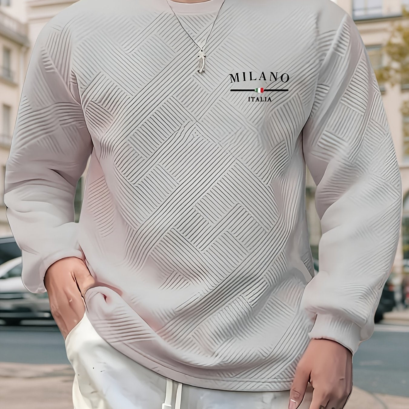 Տղամարդու առօրյա երկար թևքերով, կլոր վզնոցով սվիտեր | Ծանր երկրաչափական նախշերով, սովորական չափսերով, իդեալական է գարուն/աշուն համար