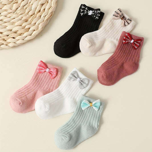 6pcs Princess Bow Ankle Socks for Youngsters and Girls - Cute 3D Bow Decor, Soft Knit, All-Season Wear, Polyester and Elastane Blend, Hand Wash Only, Allseason Footwear|Fashionable Ankle Socks|Polyester Elastane Blend - Ayq