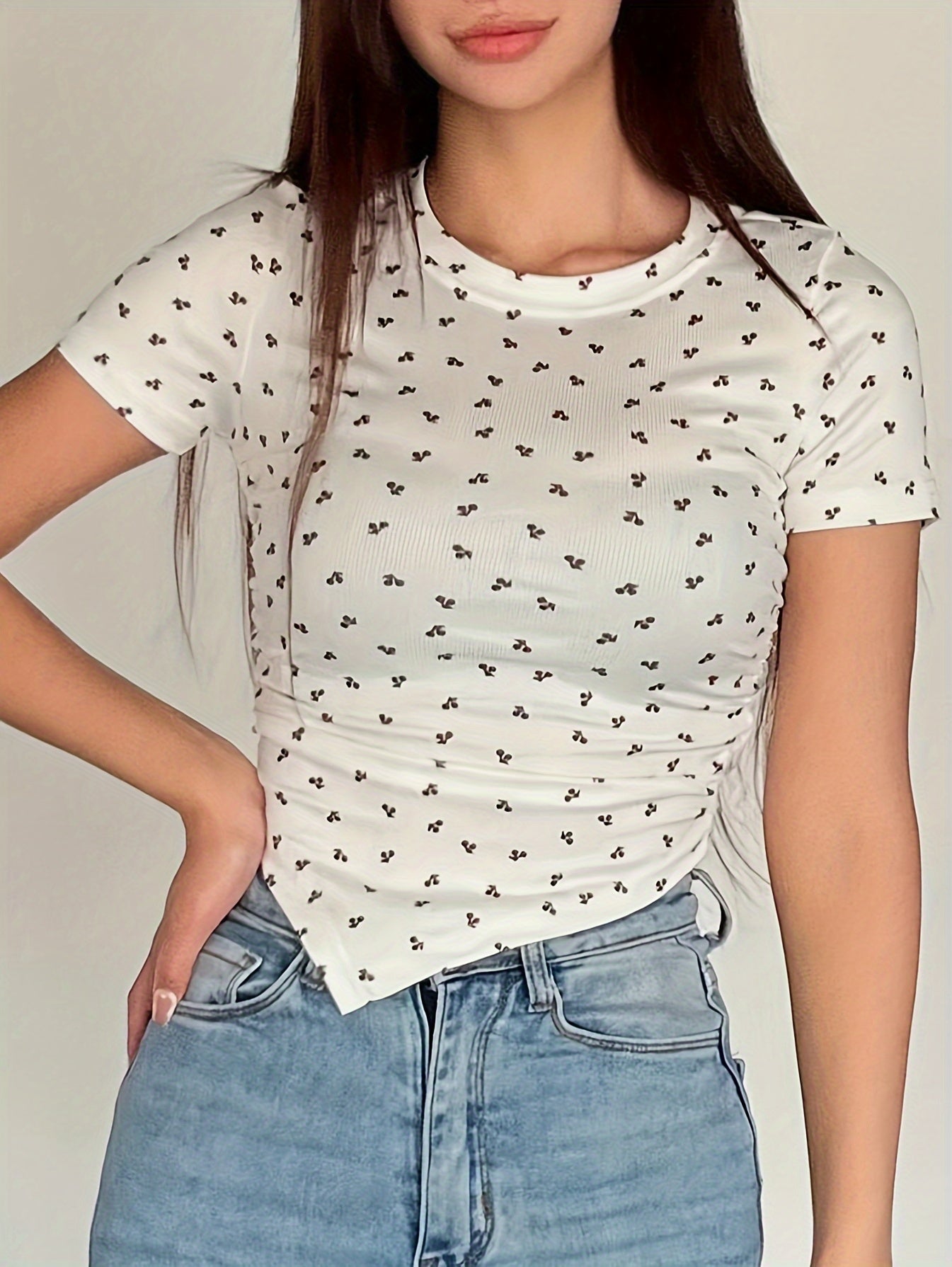 Women's Fruit and Vegetable Print Short Sleeve T-Shirt, Round Neck, Polyester Spandex Blend, Machine Washable - All Seasons - ayq