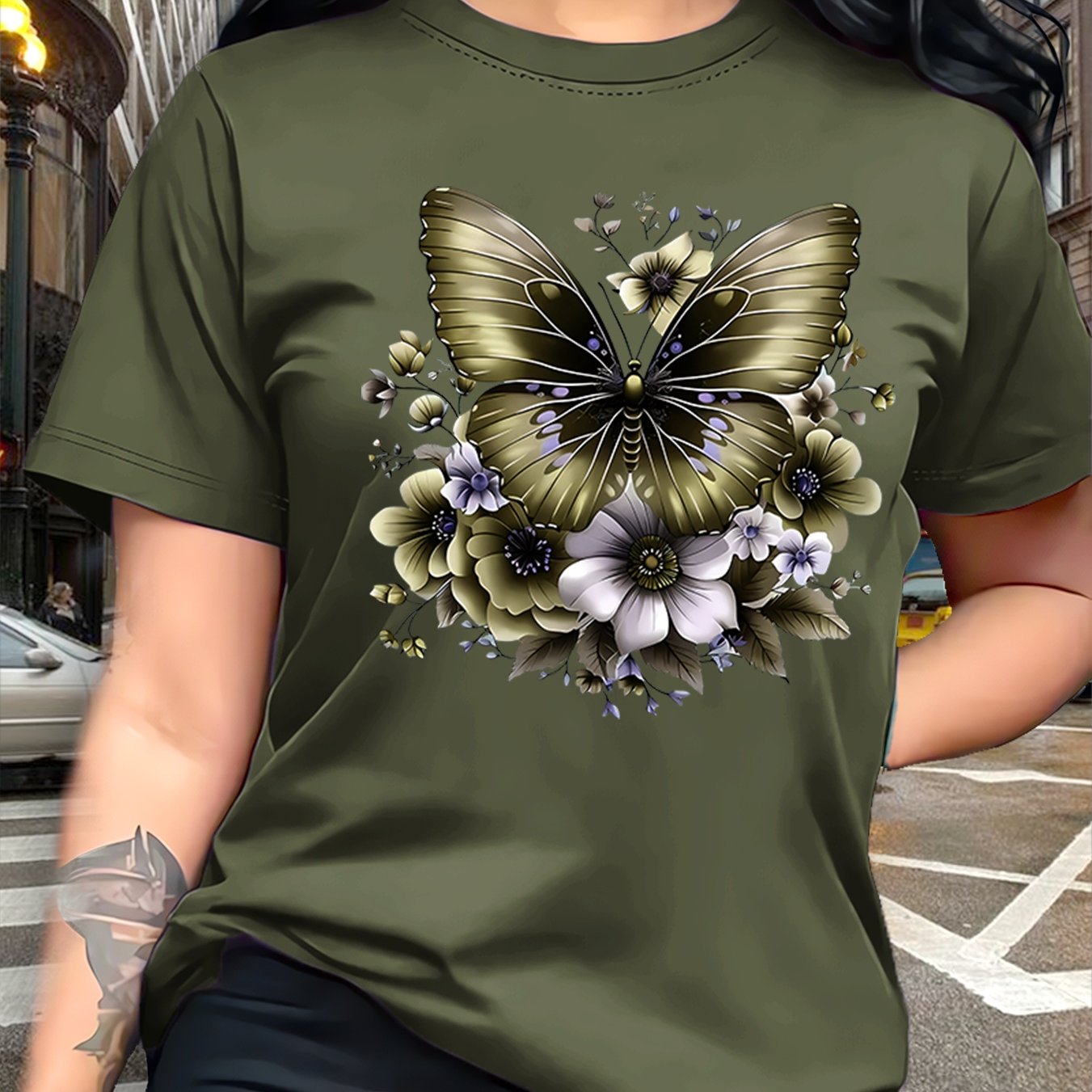 Circle Chic թիթեռի նախշերով շապիկ - նրբագեղ դիզայն, կլոր վզնոցով ամենօրյա վերնաշապիկ - շնչող և թեթև, իդեալական է գարուն/ամառ զգեստապահարանի համար